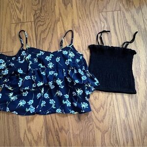 Lot of 2 crop tops top Ruffled Smocked Camisole Top medium m beige polka